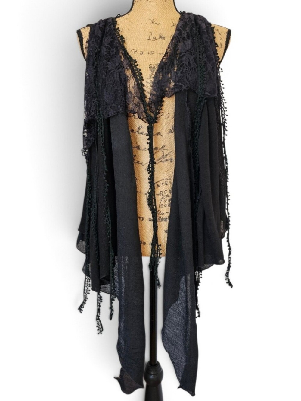 NWT Pretty Angel Black Lace-Trim Sheer Draped Dark Boho Gothic Vest Top, Size XL